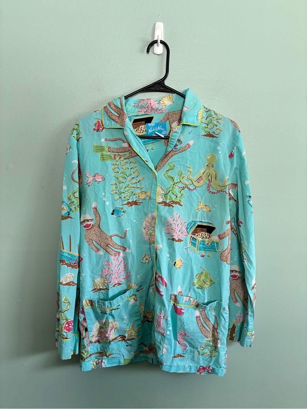 VTG Nick & Nora Sock Monkey Scuba Diving Ocean Button-Up Pajama Top Cotton Sz S